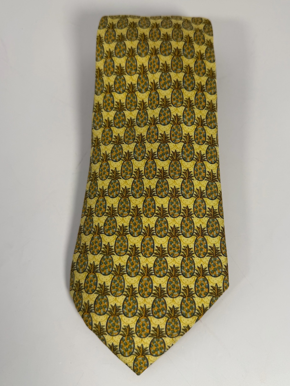 Hermès Paris Vintage Pineapple Print Silk Necktie Yellow Green